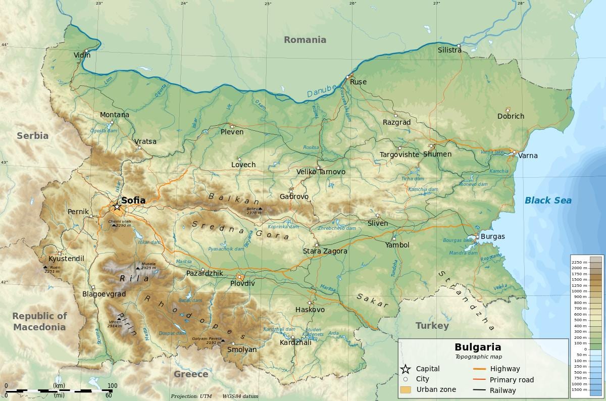 քարտեզ Բուլղարիայի աշխարհագրության
