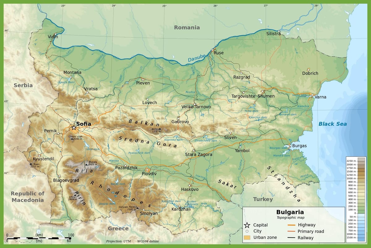 Բուլղարիա մասշտաբի տեղագրական քարտեզի վրա